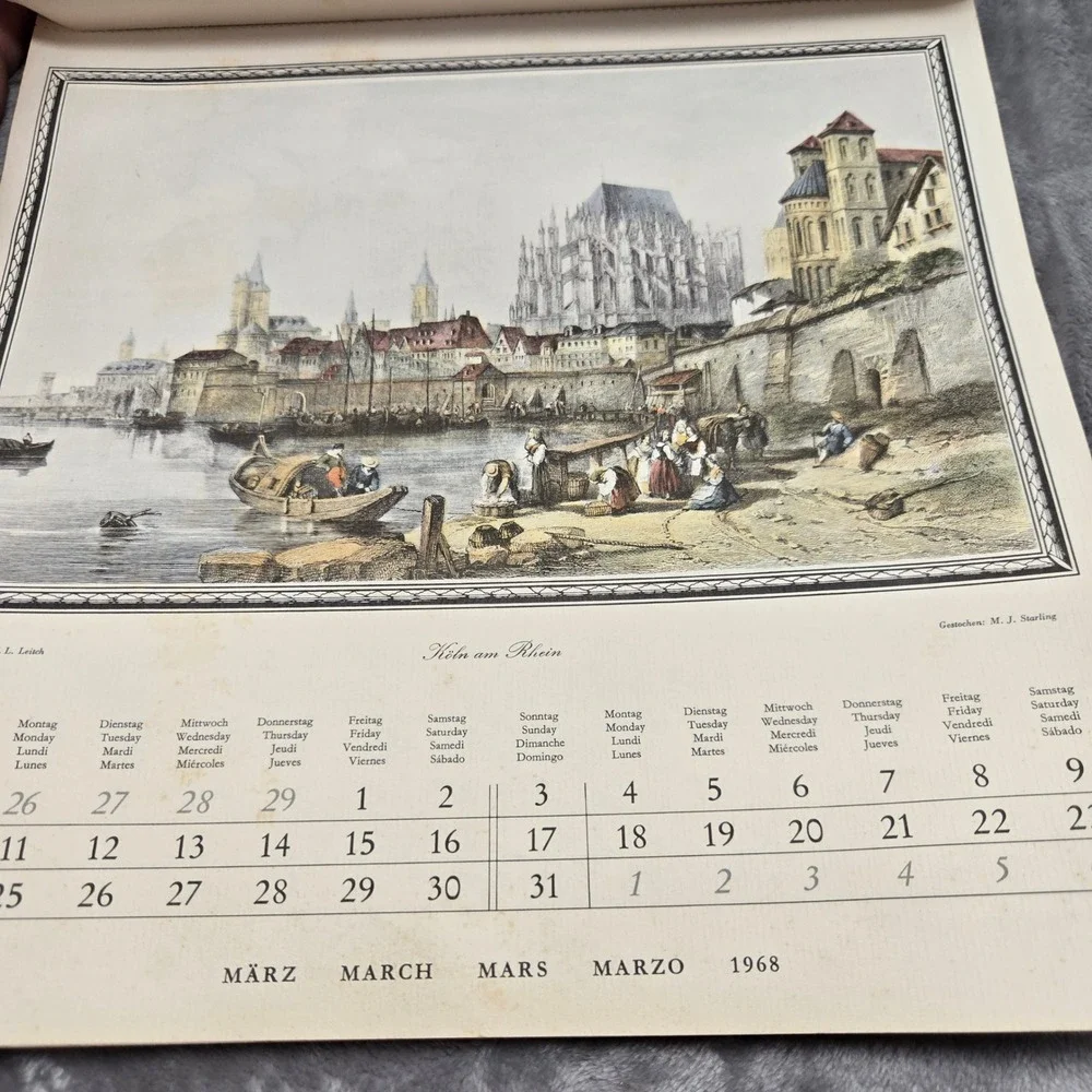 Vintage 1968 A Universe Calendar German Cities Illustrations Hamburg Würzburg